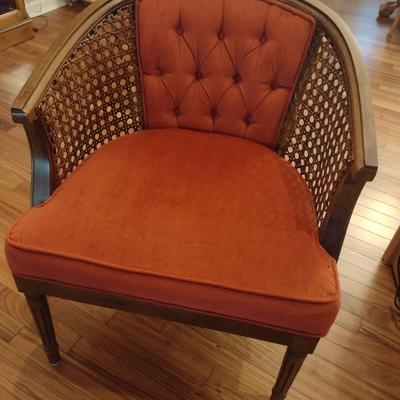 Mid Century Wood Framed Curved Back Chair with Button Upholstery and Cane