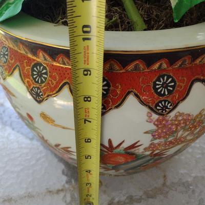 Chinese Ceramic Fishbowl Planter with Artificial Plant