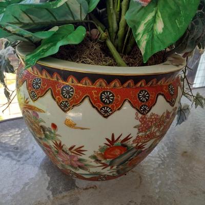 Chinese Ceramic Fishbowl Planter with Artificial Plant