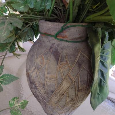 Clay Pottery Planter with Incised Design includes Artificial Plant