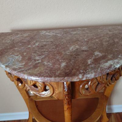 Wood Carved Marble Top Demilune Console Table