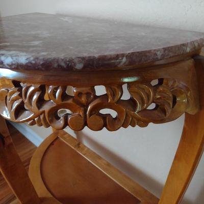 Wood Carved Marble Top Demilune Console Table