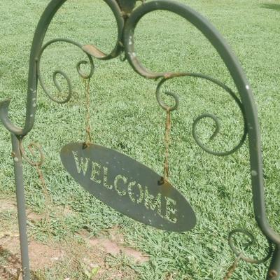 Wrought Metal Garden Plant Hanger with Welcome Sign
