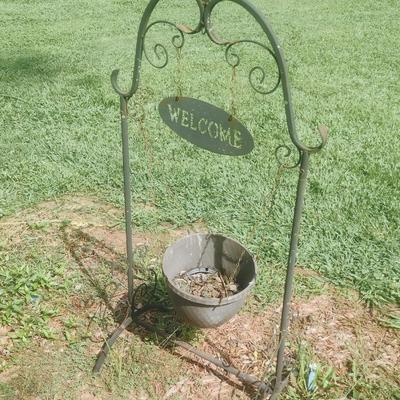 Wrought Metal Garden Plant Hanger with Welcome Sign