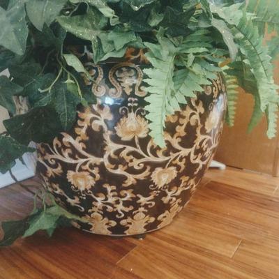 Chinese Ceramic Fishbowl Planter with Large Artificial Plant Arrangement