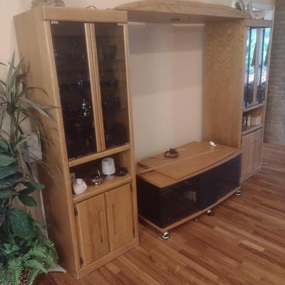 Impressive Four Piece Oak Finish Media Wall Unit Includes Two Curio Cabinets, TV/Stereo Stand and Canopy