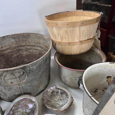 Galvanized farm picking  buckets 1950s porcelain bathroom fixtures