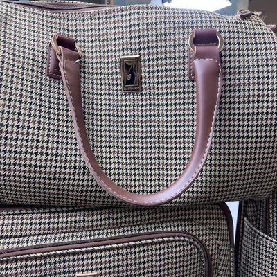 5 piece Vintage London Fog Expandable  Brown Herringbone  Roller Luggage.