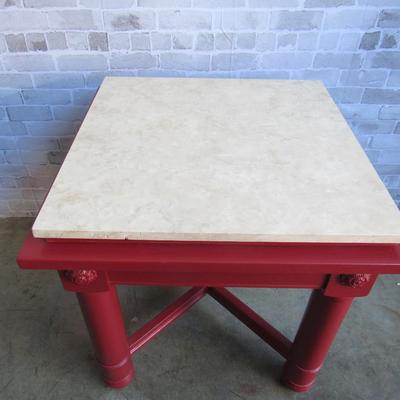 Custom Painted Red Accent Table with Travertine Tile Top