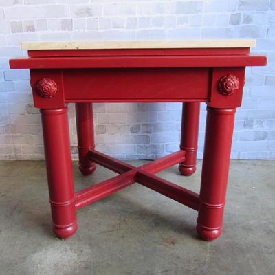 Custom Painted Red Accent Table with Travertine Tile Top