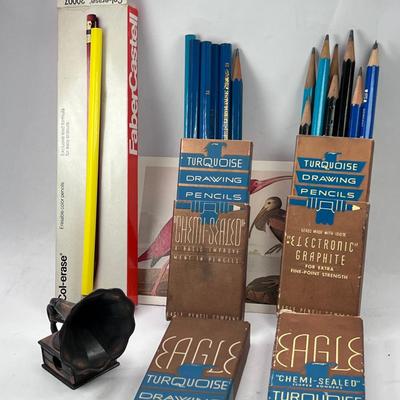 Vintage Boxes of Pencils some new, Victrola pencil sharpener