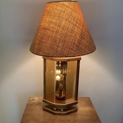 Vintage Wood/Brass Smoked Etched Glass Table Lamp