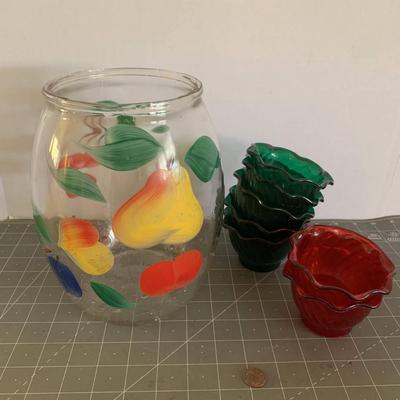 Glass Fruit Jar & 7 Plastic Bowls
