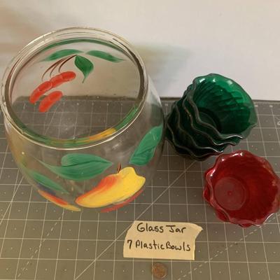 Glass Fruit Jar & 7 Plastic Bowls