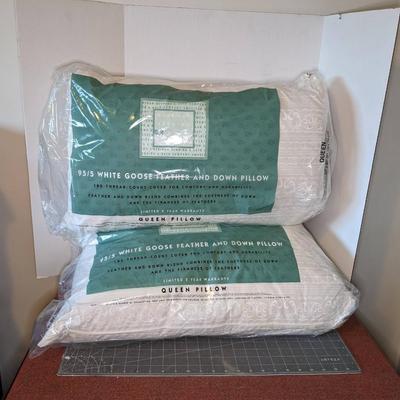 2 White Goose Feather and Down Pillows