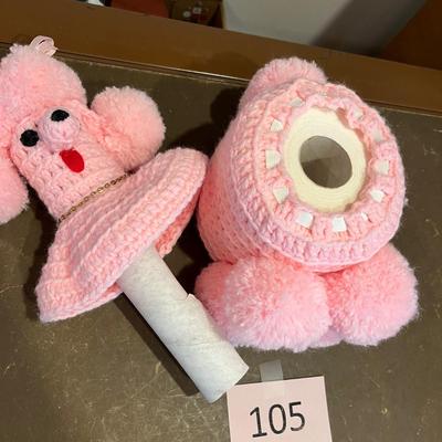 Vintage cute pink poodle crocheted toilet paper holder