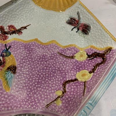 Antique Majolica 2 Fans Platter with Bird and Dragonfly c. 1800's