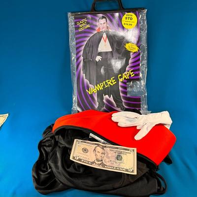 NEW IN PKG. ADULT SIZE VAMPIRE CAPE WITH WHITE GLOVES
