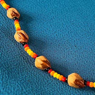 WOOD AND ORANGE YELLOW RED BEAD NECKLACE GREAT FOR INDIAN COSTUME
