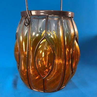 ORANGE GLASS BLACK METAL HALLOWEEN LANTERN WITH BALE