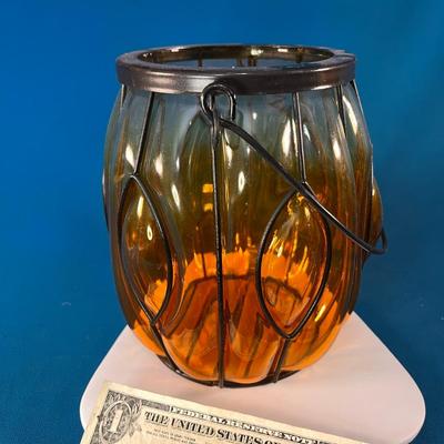 ORANGE GLASS BLACK METAL HALLOWEEN LANTERN WITH BALE