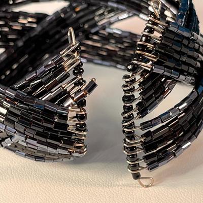 BLACK GLASS BEADED WOVEN BANDS BRACELET CLASSY!