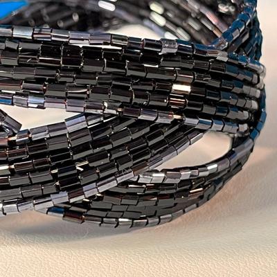 BLACK GLASS BEADED WOVEN BANDS BRACELET CLASSY!