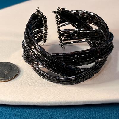 BLACK GLASS BEADED WOVEN BANDS BRACELET CLASSY!