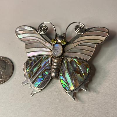 GORGEOUS STERLING INSET ABALONE, MOTHER OF PEARL, OPAL BUTTERFLY PIN