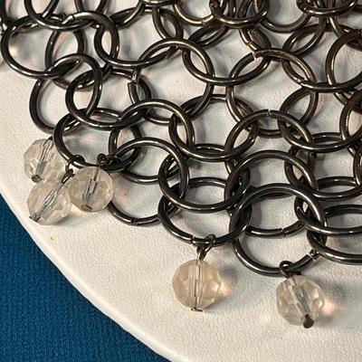 UNUSUAL DARK METAL CHAIN MAIL NECKLACE WITH DANGLY CLEAR BEADS