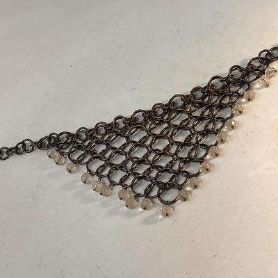 UNUSUAL DARK METAL CHAIN MAIL NECKLACE WITH DANGLY CLEAR BEADS