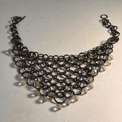 UNUSUAL DARK METAL CHAIN MAIL NECKLACE WITH DANGLY CLEAR BEADS