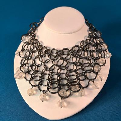 UNUSUAL DARK METAL CHAIN MAIL NECKLACE WITH DANGLY CLEAR BEADS