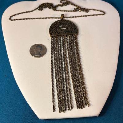 EXOTIC BRASS OPEN WORK PENDANT NECKLACE WITH LONG DANGLY CHAINS