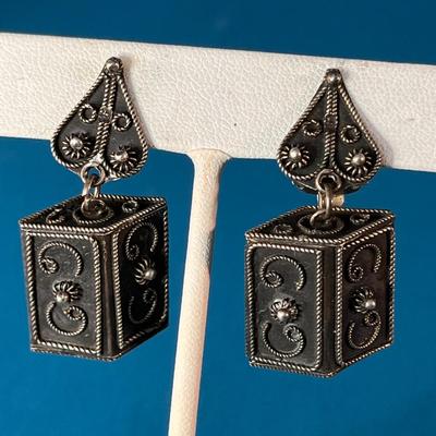 UNMARKED BUT LIKELY STERLING INTRICATE FILIGREE DESIGN DANGLY BOX EARRINGS
