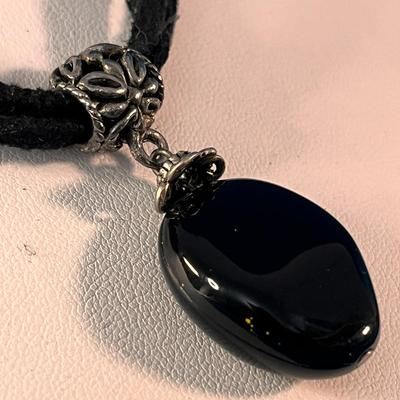 GOTHIC BLACK STONE PENDANT ON BLACK SUEDE CORDS AND FANCY BEAD