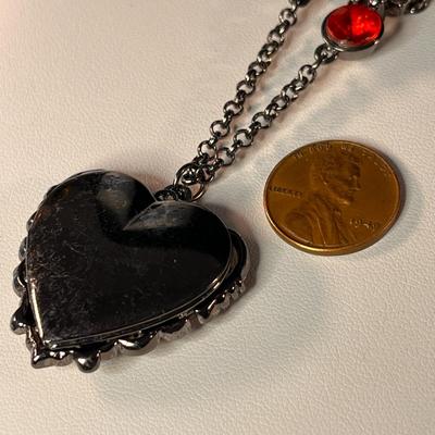 BLOOD RED DARK SILVER TONE OPEN WORK PENDANT 2 STRAND NECKLACE