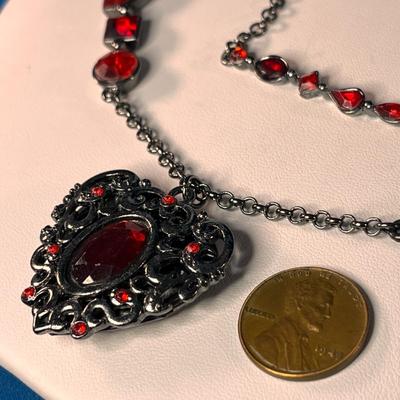 BLOOD RED DARK SILVER TONE OPEN WORK PENDANT 2 STRAND NECKLACE