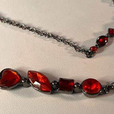 BLOOD RED DARK SILVER TONE OPEN WORK PENDANT 2 STRAND NECKLACE