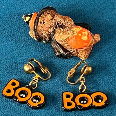 DANGLY â€œBOOâ€ CLIP ON EARRINGS and TRICK-OR-TREATING BEAR PIN