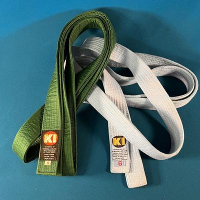 WHITE KARATE GEE UNIFORM with GREEN and BLUE BELTS 
