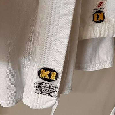 WHITE KARATE GEE UNIFORM with GREEN and BLUE BELTS 