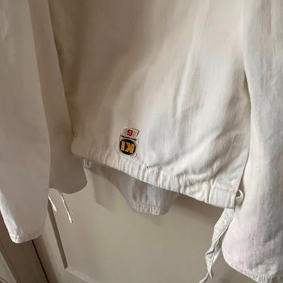 WHITE KARATE GEE UNIFORM with GREEN and BLUE BELTS 