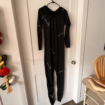 BLACK SPANDEX BODY SUIT w/ WHITE STITCH MARKS AND STIRRUP FEET
