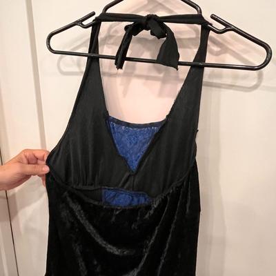 ADULT CRUSHED BLACK VELVET BLUE LACE SASSY HALTER DRESS COSTUME