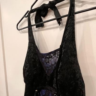 ADULT CRUSHED BLACK VELVET BLUE LACE SASSY HALTER DRESS COSTUME