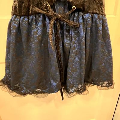 ADULT CRUSHED BLACK VELVET BLUE LACE SASSY HALTER DRESS COSTUME