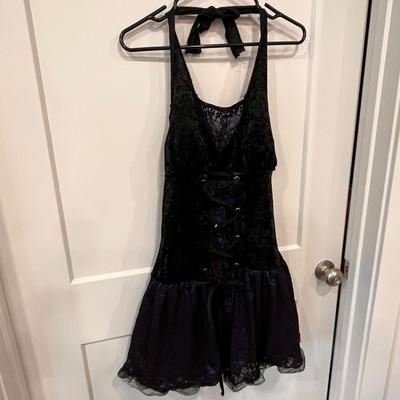 ADULT CRUSHED BLACK VELVET BLUE LACE SASSY HALTER DRESS COSTUME