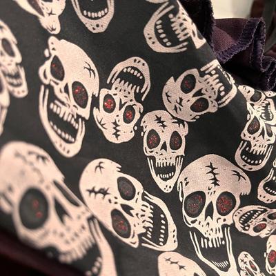 GOTHIC EGGPLANT COLOR DRESS w/SKELETON HOOD, SLEEVES, RED GLITTERY EYES