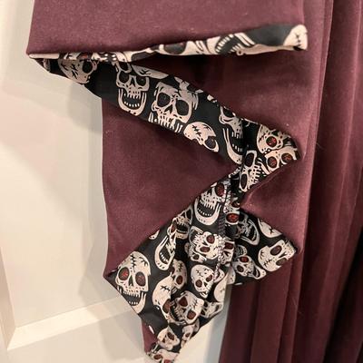 GOTHIC EGGPLANT COLOR DRESS w/SKELETON HOOD, SLEEVES, RED GLITTERY EYES
